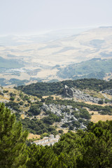 Naklejka premium Landscape of mountains with fields planted in the background
