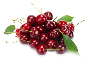 cherry with green leaf isolated on white background.