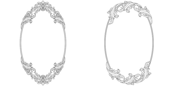 Set Of Oval Vintage Border Frame Engraving With Retro Ornament Pattern In Antique Baroque Style Decorative Design. Vector