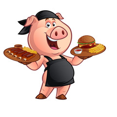 Pig chef carrying a tray with a barbecue burger
