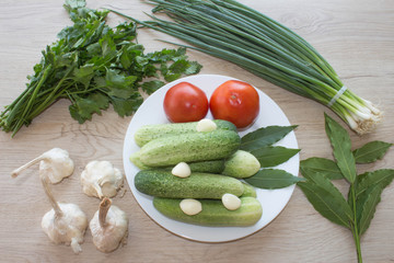 Fresh vegetables on table. Green Cucumber. Fresh, raw vegetables on the table