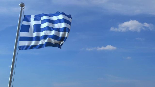 Commercial airplane landing behind waving Greek flag. Travel to Greece conceptual animation
