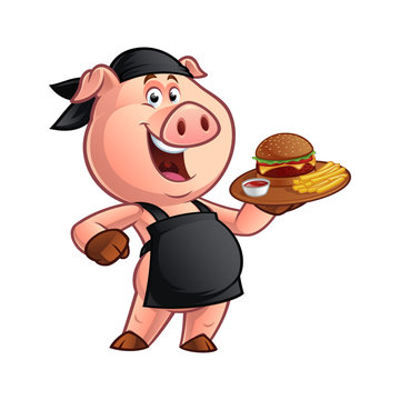 Pig chef carrying a tray with a barbecue burger