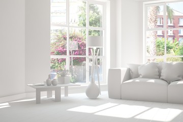 Idea of white room with sofa and summer landscape in window. Scandinavian interior design. 3D illustration