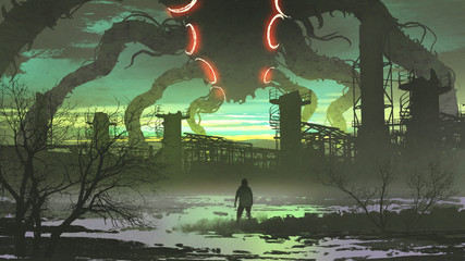 man looking at giant monster standing above abandoned factory, digital art style, illustration painting © grandfailure