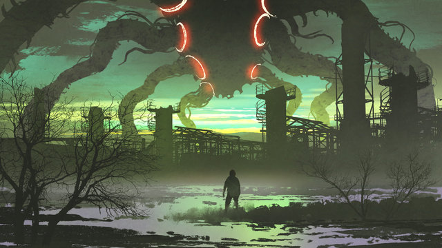 man looking at giant monster standing above abandoned factory, digital art style, illustration painting