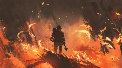 Foto op Plexiglas brandweerman houdt meisje vast in brandende gebouwen, digitale kunststijl, illustratie, schilderkunst © grandfailure