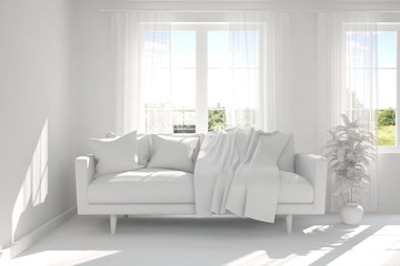 Idea of white room with sofa and summer landscape in window. Scandinavian interior design. 3D illustration