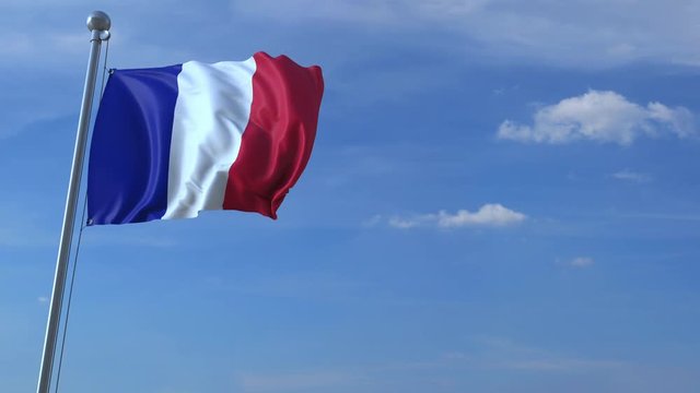 Commercial airplane landing behind waving French flag. Travel to France conceptual animation