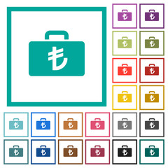 Turkish Lira bag flat color icons with quadrant frames