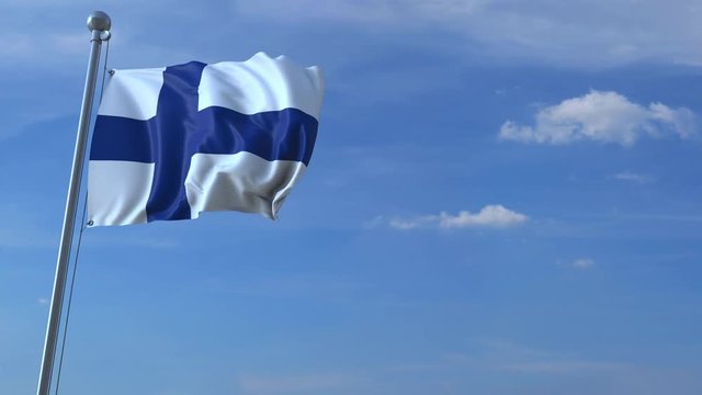 Commercial airplane landing behind waving Finnish flag. Travel to Finland conceptual animation