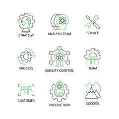 Modern Flat thin line Icon Set in Concept of Quality Control Process  with word Check,Risk Management,Speed,Doing,Quality Control,Planing,Cost,Action Team,Efficiency.Editable Stroke.