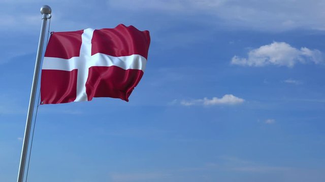 Commercial airplane landing behind waving Danish flag. Travel to Denmark conceptual animation