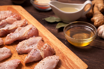 raw chicken wings on a wooden table.