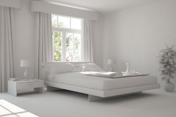 White modern bedroom. Scandinavian interior design. 3D illustration