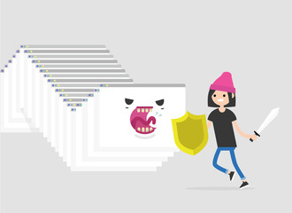 Internet monster. Hacker attack. Huge worm made of a cascade of browser windows attacking a character. Human vs computer / flat editable vector illustration, clip art © nadia_snopek