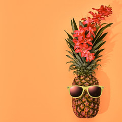Fashion Hipster Pineapple Fruit. Bright Summer Color, Accessories. Tropical pineapple with Sunglasses. Hot Summer Beach Vibes. Creative Fun Art Style. Minimal Design. Summer party Mood, tropic flower