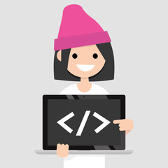 Young female programmer pointing on the closing bracket tag on a laptop screen / flat editable vector illustration, clip art
