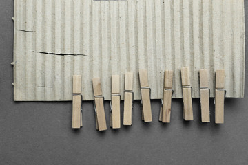 Wooden clothespins attached to corrugated cardboard