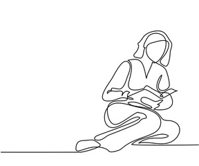 Fototapeta na wymiar Continuous line drawing. Young woman sitting and reading book. Vector illustration