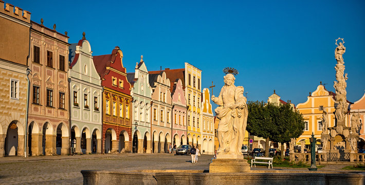 Central square with medieval houses in Telc in summer, Czech Republic