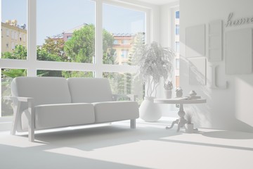 Idea of white room with sofa and summer landscape in window. Scandinavian interior design. 3D illustration