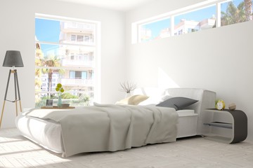 Inspiration of white minimalist  bedroom with summer landscape in window. Scandinavian interior design. 3D illustration