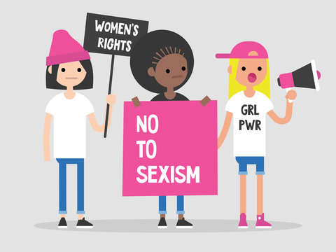 Women's right. Conceptual illustration. Feminist demonstration. A group of young women fighting for their rights / flat editable vector illustration, clip art