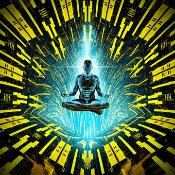 Cosmic meditation concept / 3D illustration of artificial male figure meditating in tech environment