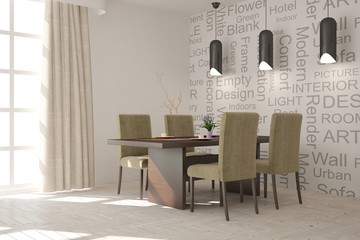 White modern dinner room. Scandinavian interior design. 3D illustration