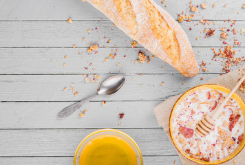 Healthy breakfast with muesli and honey.