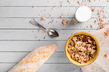 Healthy breakfast with muesli and milk.