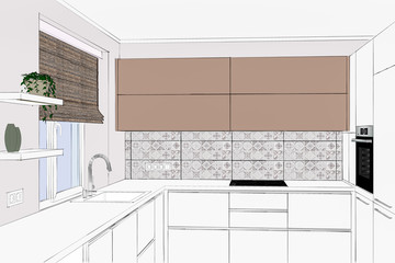 3D illustration. Modern kitchen design in light interior. Kitchen sketch. Home Interior Design Software Programs. 3d rendering.
