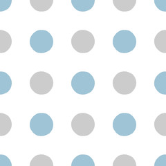 Polka dot. Seamless pattern. Gray and blue circles on white background. Drawn by hand.