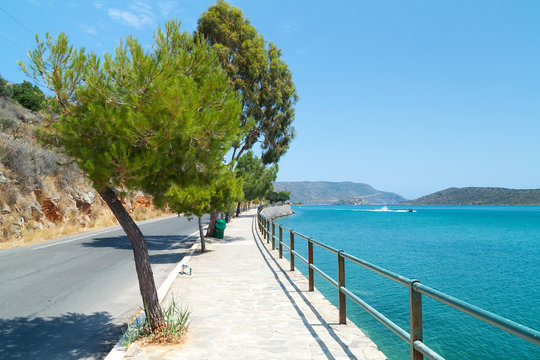 Empty road Mirabello Bay on Crete, Greece