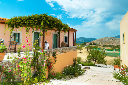 Traditional Greek architecture with gardens on Crete