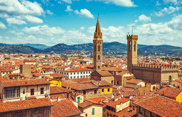 Fototapeta na wymiar Panorama view to tiled roofs and towers of Town hall in Florence