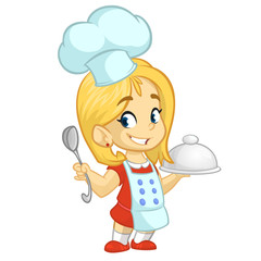 Cartoon small girl holding a tray with a dish and louche. Vector illustration of teenager girl preparing turkey and wearing upron and  chef's toque. Outline