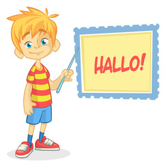 Vector illustration of blond boy in shorts and striped t-shirt. Cartoon of a young boy dressed up presenting on a board with pointer