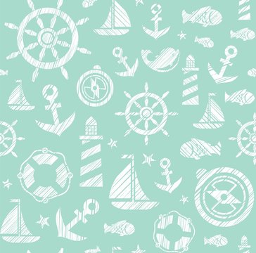 Nautical background, seamless, green, vector. The attributes of a sea voyage on a light green background. White pictures drawn with diagonal hatching. Vector pattern. 