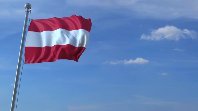 Commercial airplane landing behind waving Austrian flag. Travel to Austria conceptual animation