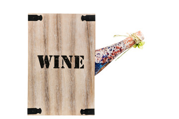 Wooden wine box with one bottle inside isolated on white background