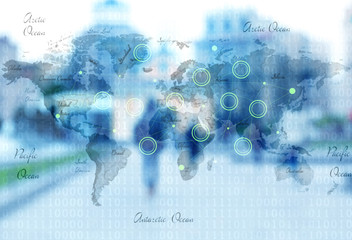 Binary code on blurred city street background.