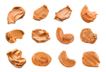 Collage of peanut butter on white background