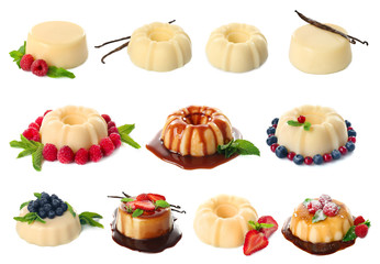 Set of vanilla puddings on white background