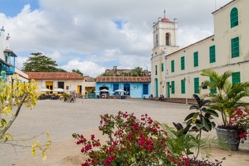 CAMAGUEY, CUBA - JAN 26, 2016: Colorful houses at San Juan de Dios square in Camaguey