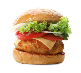 Tasty turkey burger on white background