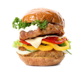 Tasty turkey burger on white background