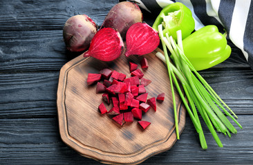 Slices of fresh beet on cutting board