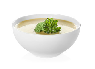 Broccoli cheddar soup in bowl isolated on white